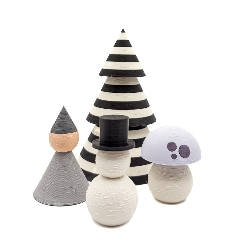 Mundr Julest I - Lille sort/hvid stribet Tr, Snemand, lavendel Svamp og gr Nisse