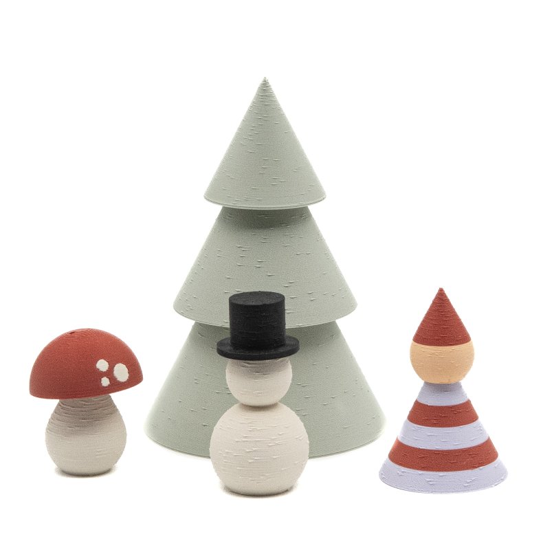 Mundr Julest I  - Lille mint Tr, terracotta Svamp, Snemand og terracotta/lavendel Nisse 