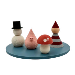 Mundr Adventst 4 figurer, Snemand, Gris, terracotta Svamp ogbordeaux/lysgr Nisse